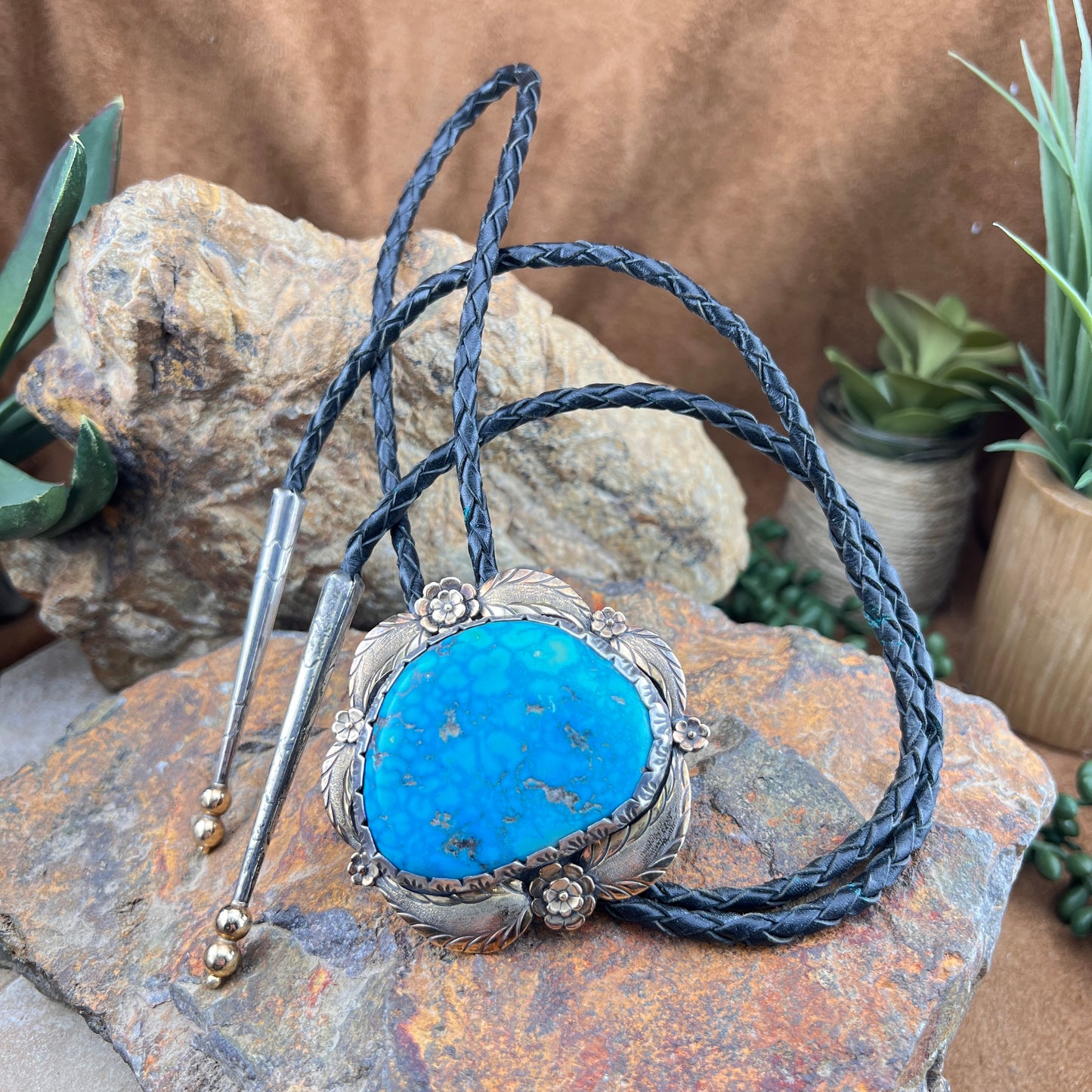 Vintage Turquoise Bolo Tie — Sterling Silver with Gold Accent - Estate