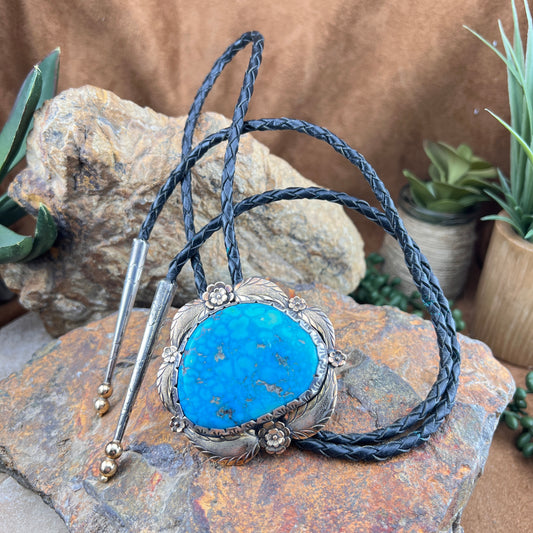 Vintage Turquoise Bolo Tie — Sterling Silver with Gold Accent - Estate