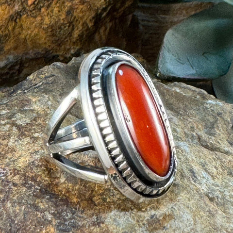 Mediterranean Red Coral Sterling Silver Ring by Leonard Nez Size 7.75Mediterranean Red Coral Sterling Silver Ring by Leonard Nez Size 7.75