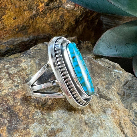Kingman Turquoise Sterling Silver Ring by Leonard Nez Size 7.25