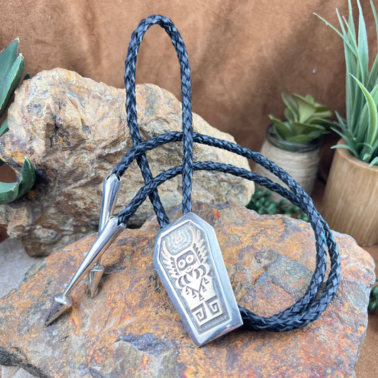 Vintage Hopi Owl Kachina Bolo Tie by Watson Honanie — Sterling Silver & 14k Gold — Estate