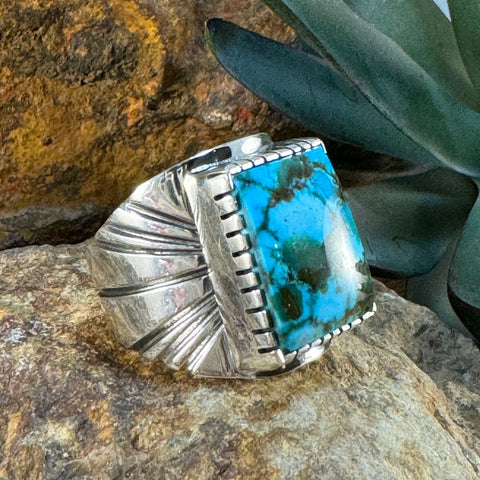 Men's Turquoise Mountain Sterling Silver Ring by Leonard Nez Size 11.5