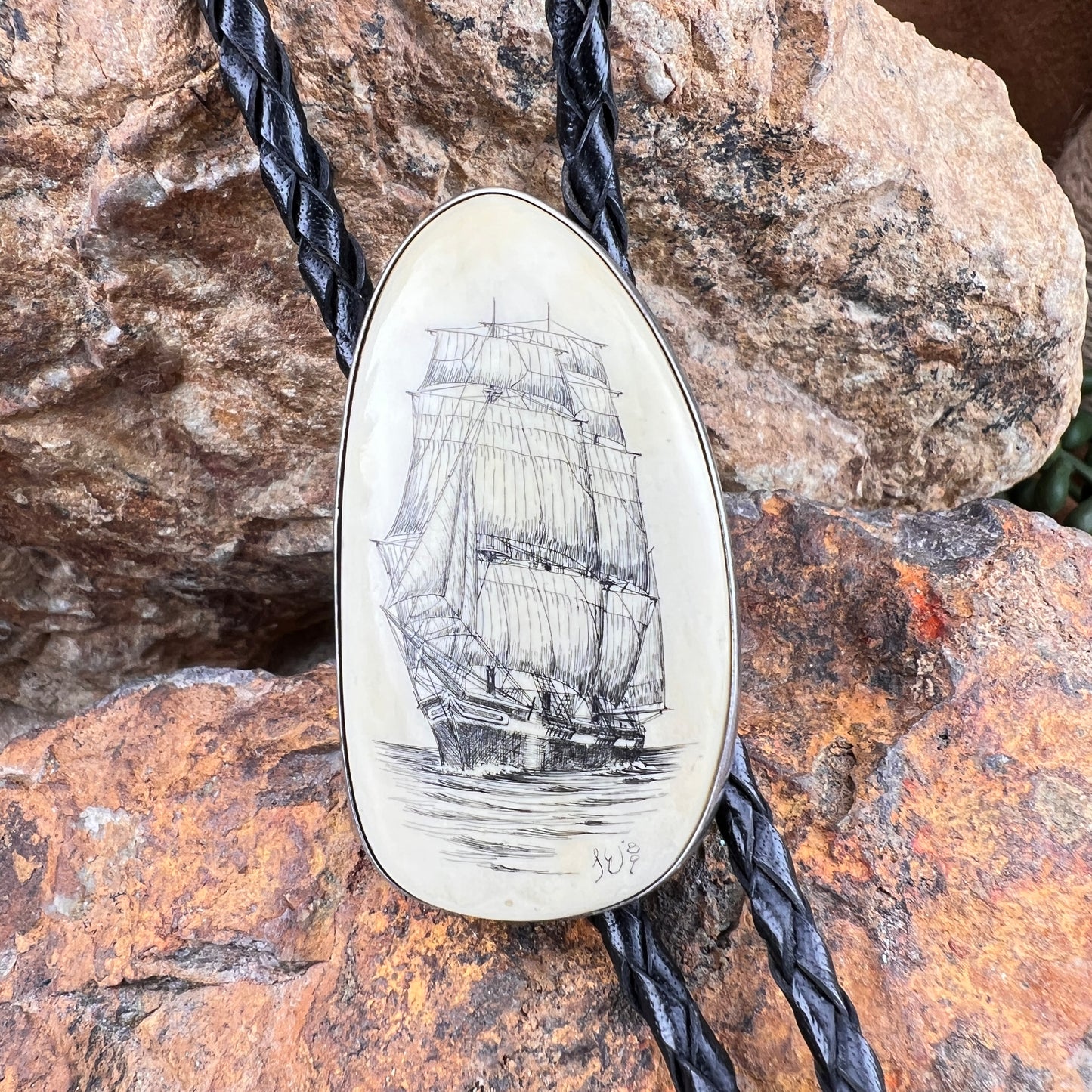 Vintage Handcarved Scrimshaw Bolo Tie — Estate