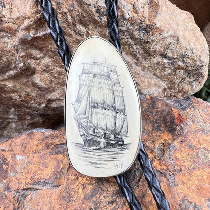 Vintage Handcarved Scrimshaw Bolo Tie — Estate