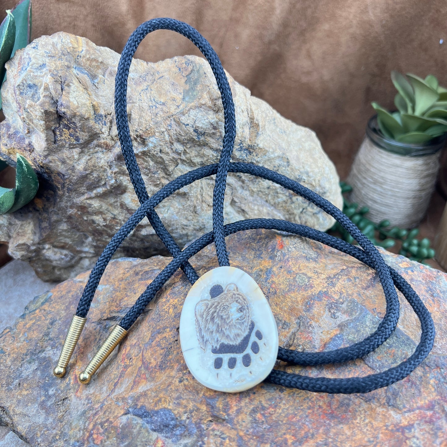 Vintage - D. Sims Alaska Walrus Ivory Scrimshaw Bear & Bear Claw Bolo Tie - Estate