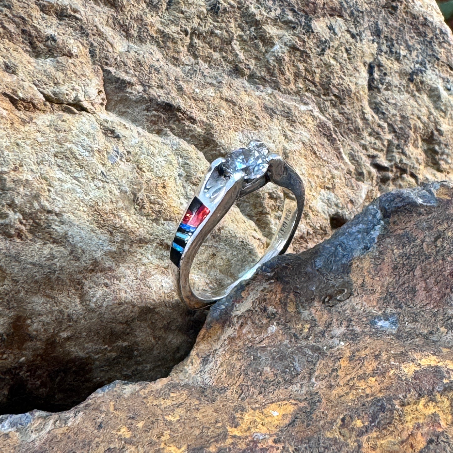 David Rosales Red Moon Inlaid Sterling Silver Ring w/ CZ