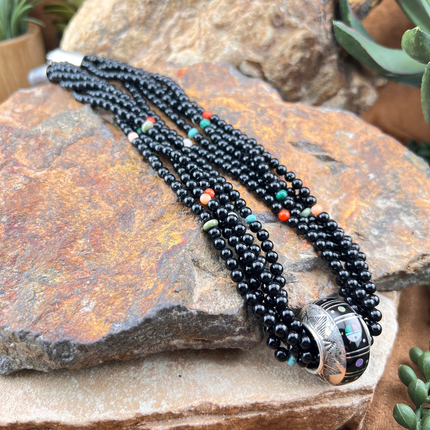 Vintage 5-Strand Onyx Necklace with Inlaid Center Bead - Estate