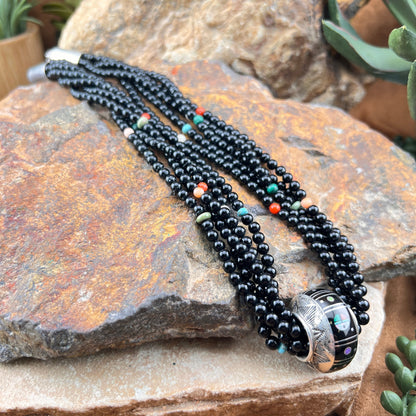 Vintage 5-Strand Onyx Necklace with Inlaid Center Bead - Estate