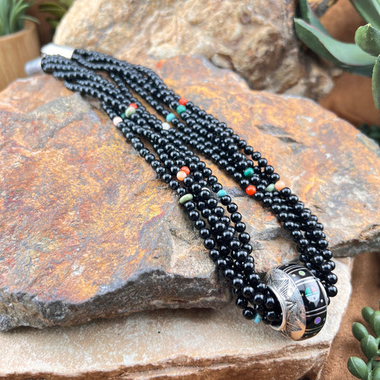 Vintage 5-Strand Onyx Necklace with Inlaid Center Bead - Estate
