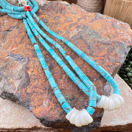 Vintage - Santo Domingo 4-Strand Turquoise Tube Heishi Necklace with MOP Fetish Jacla Drop 26" - Estate