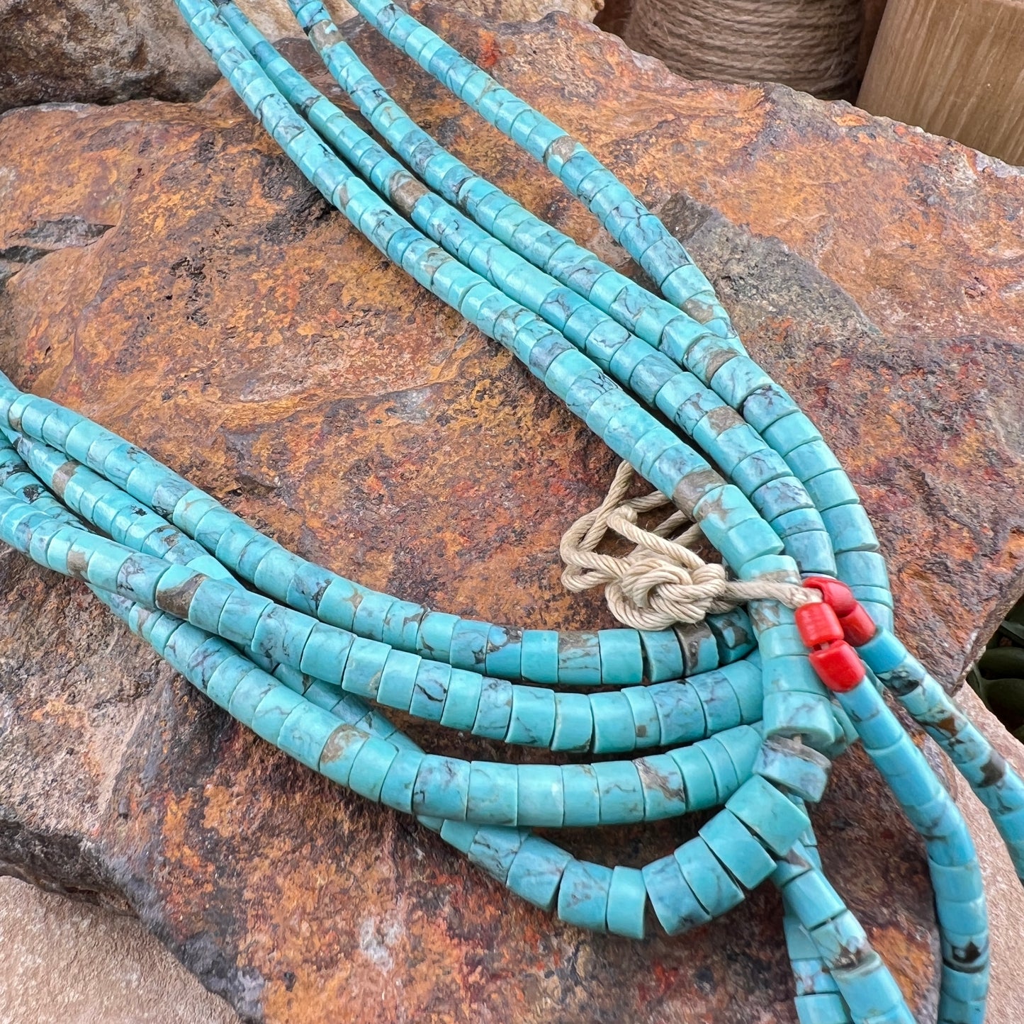 Vintage - Santo Domingo 4-Strand Turquoise Tube Heishi Necklace with MOP Fetish Jacla Drop 26" - Estate