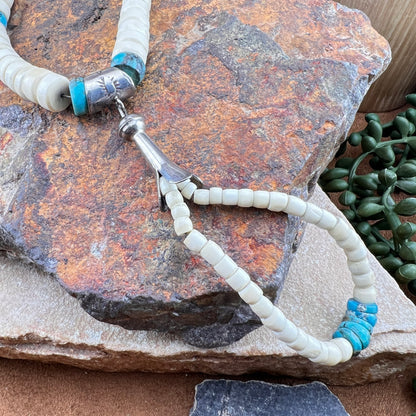 Vintage - Johnny Rosetta Santo Domingo Bone Heishi & Turquoise Necklace with Silver Toggle 29.5" - Estate