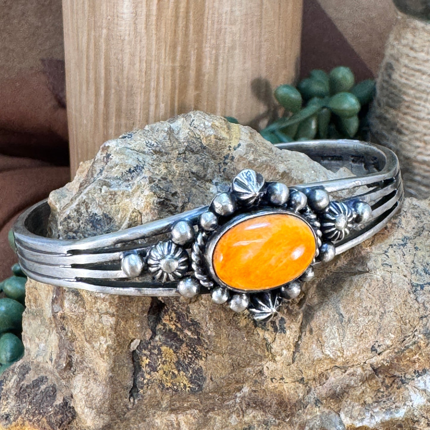 Orange Spiny Oyster Shell Sterling Silver Bracelet by Ray Coriz