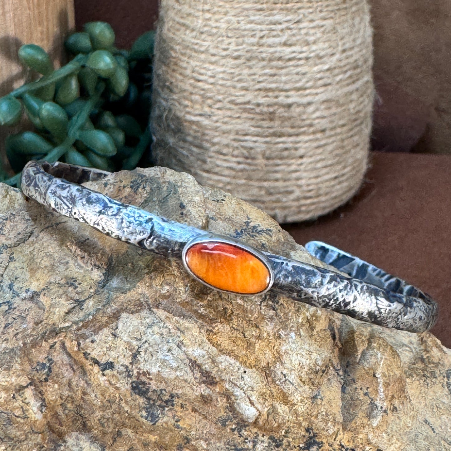Forged Sterling Silver Cuff with Orange Spiny Oyster Shell by Ray Coriz