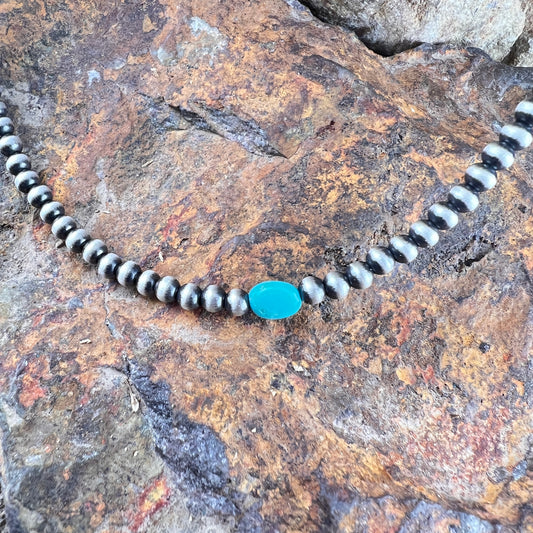 14" Oxidized Navajo Pearl Necklace with Turquoise