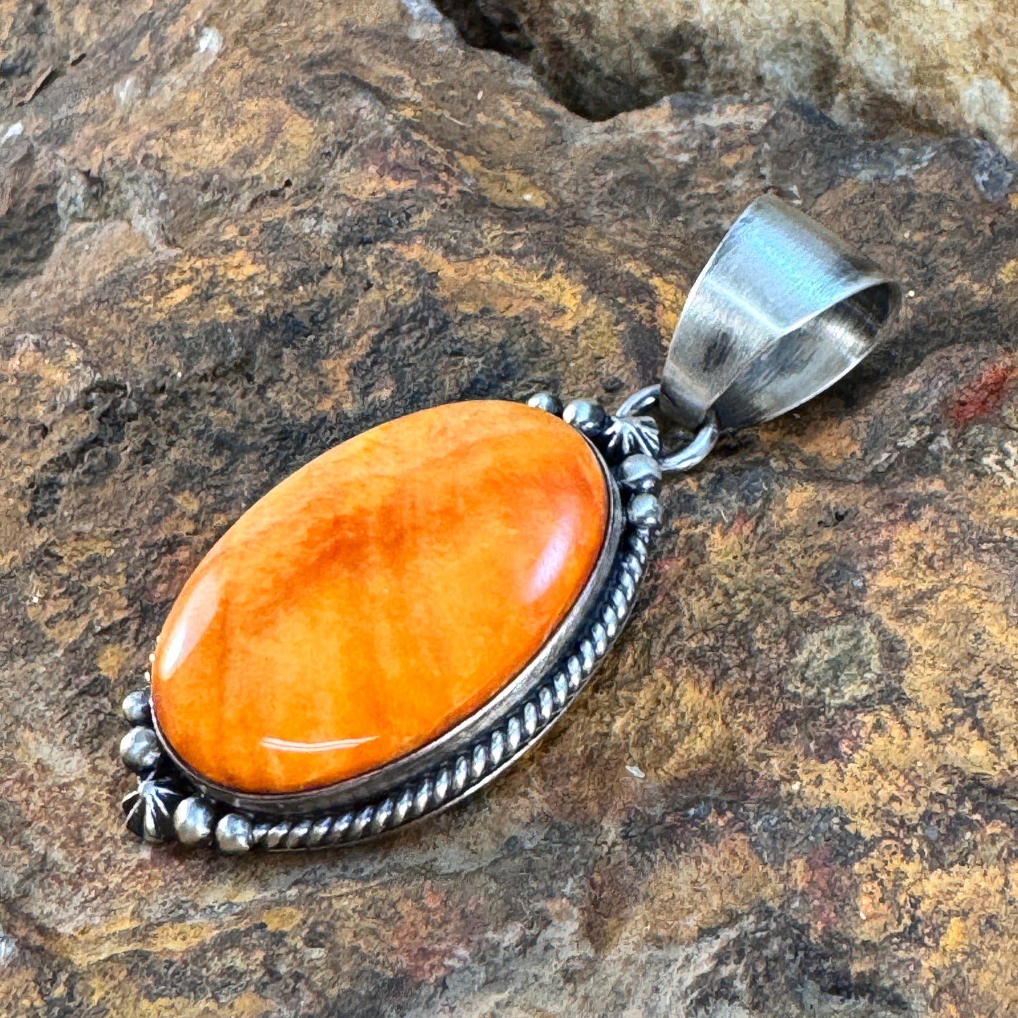Orange Spiny Oyster Shell Sterling Silver Pendant by Loretta Delgarito