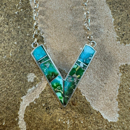 David Rosales Sonoran Gold Turquoise Inlaid Sterling Silver Necklace V-Shape