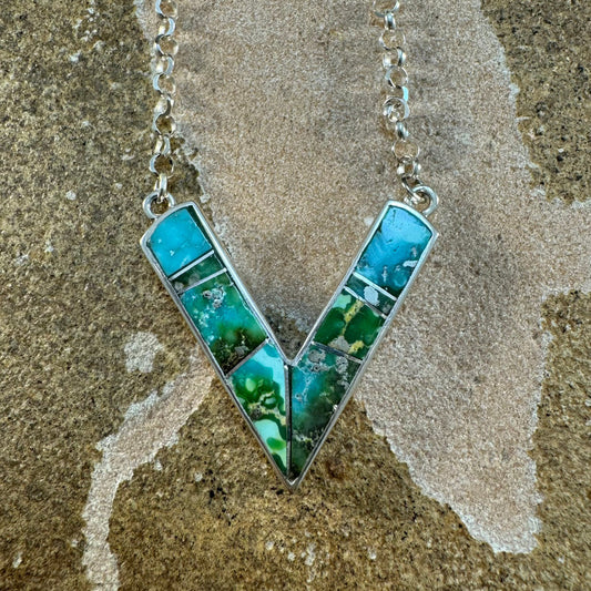 David Rosales Sonoran Gold Turquoise Inlaid Sterling Silver Necklace V-Shape