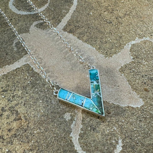 David Rosales Sonoran Gold Turquoise Inlaid Sterling Silver Necklace V-Shape