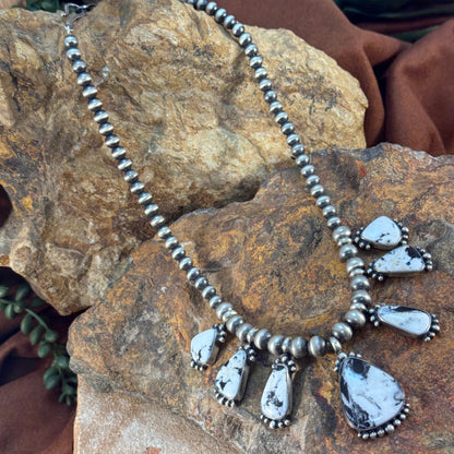 White Buffalo Multi Stone Sterling Silver Navajo Pearl Necklace w/ Earrings by Diane Wylie