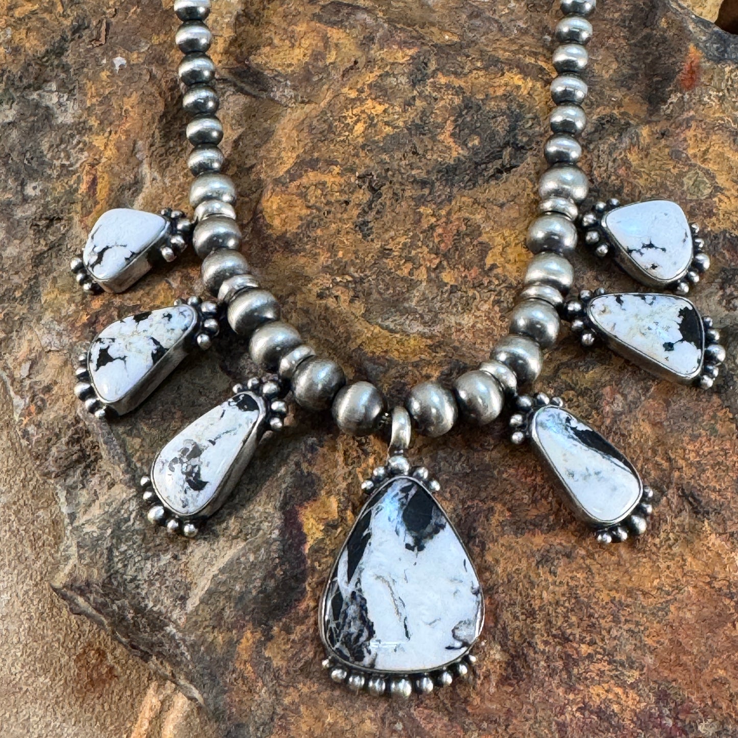 White Buffalo Multi Stone Sterling Silver Navajo Pearl Necklace w/ Earrings by Diane Wylie