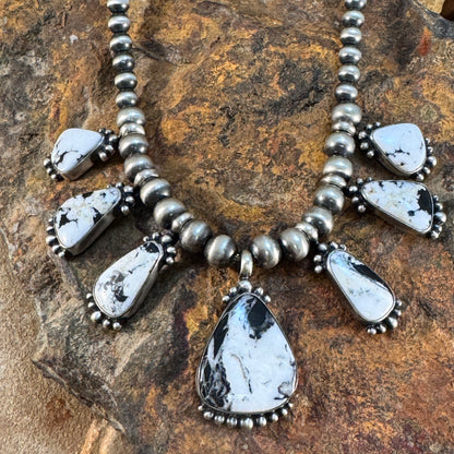 White Buffalo Multi Stone Sterling Silver Navajo Pearl Necklace w/ Earrings by Diane Wylie