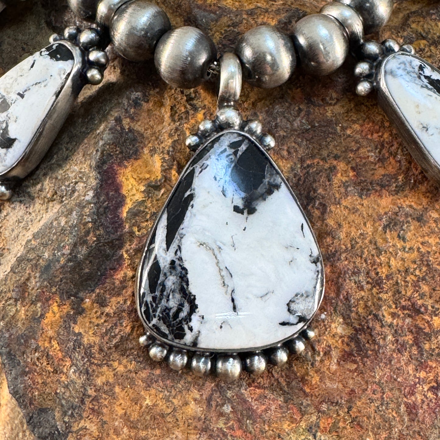 White Buffalo Multi Stone Sterling Silver Navajo Pearl Necklace w/ Earrings by Diane Wylie