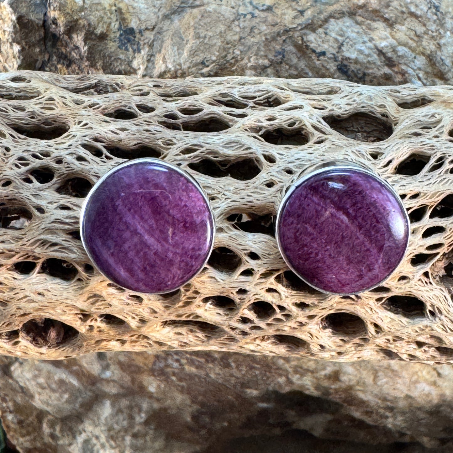 Purple Spiny Oyster Shell Post Round Earrings in Sterling Silver by Greg Yazzie