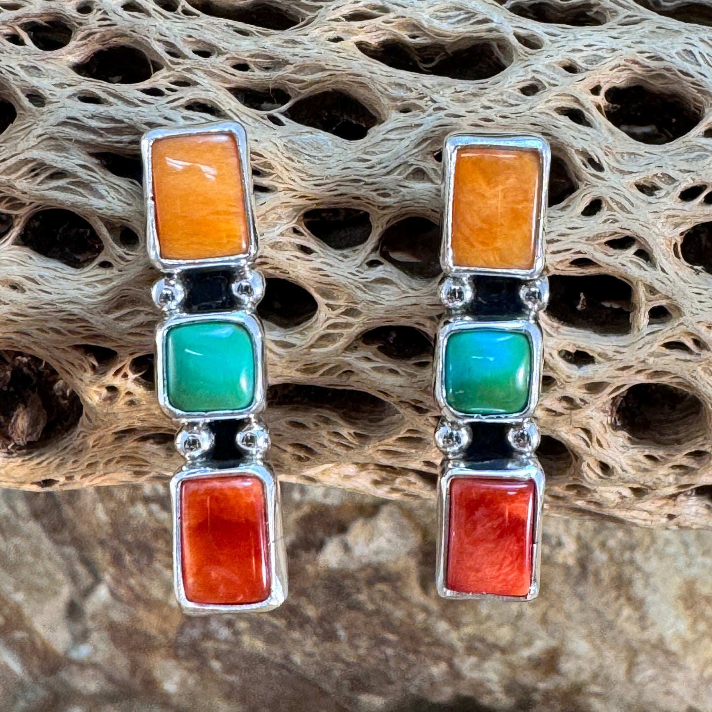 Sonoran Gold Turquoise & Spiny Oyster Shell Sterling Silver Three Stone Earrings Dangle by Angela Martin