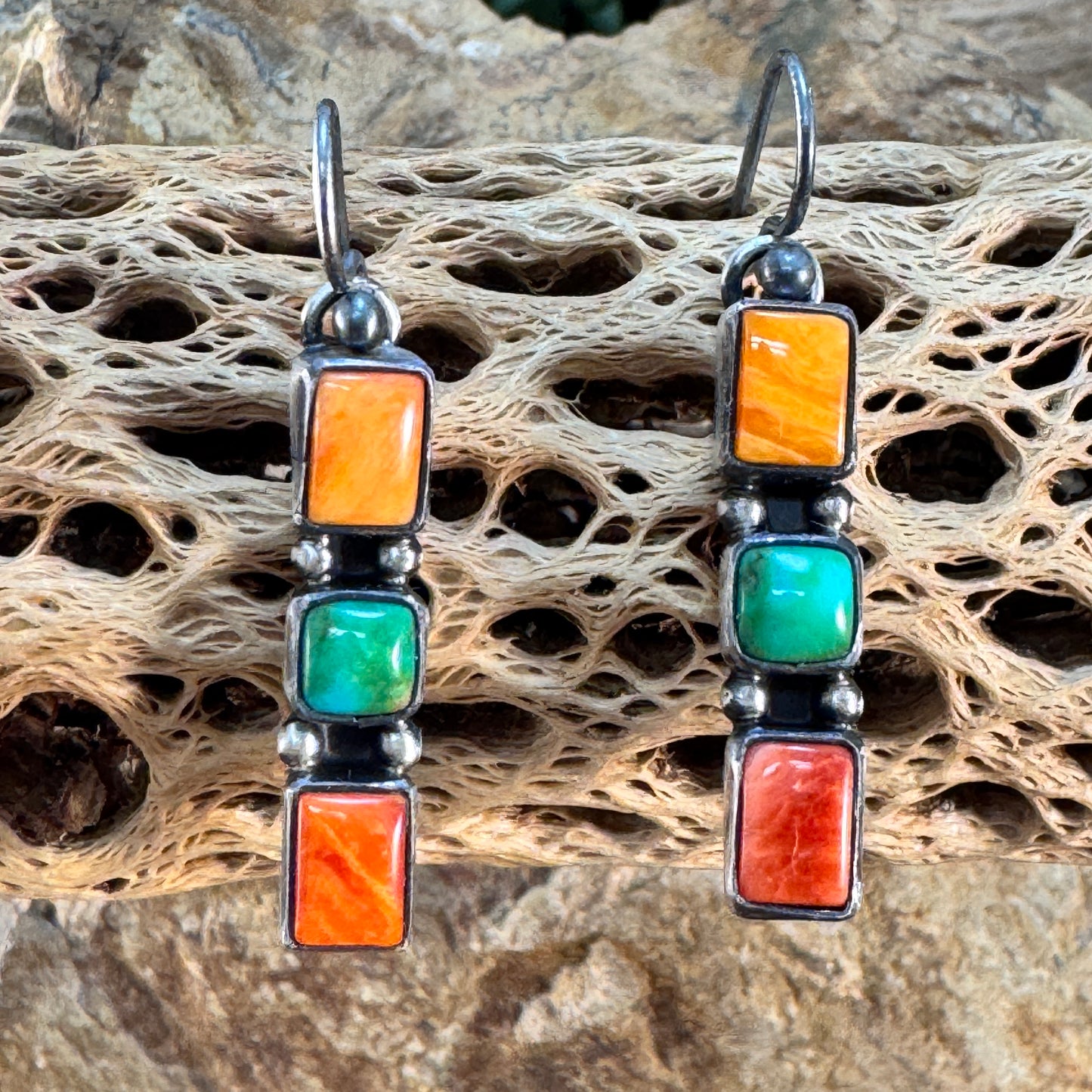 Sonoran Gold Turquoise & Spiny Oyster Shell Sterling Silver Three Stone Earrings Dangle by Angela Martin