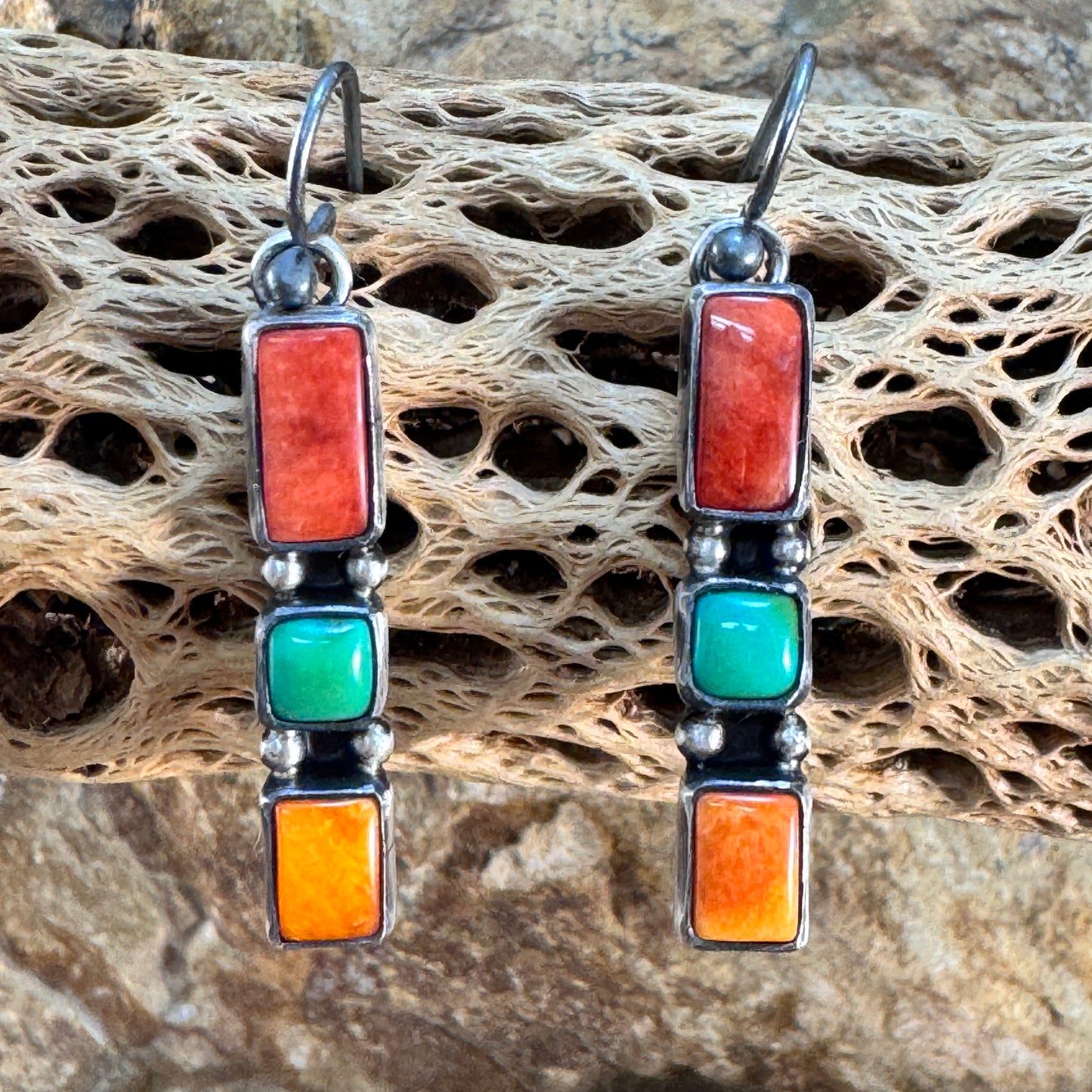 Sonoran Gold Turquoise & Spiny Oyster Shell Sterling Silver Three Stone Earrings Dangle by Angela Martin