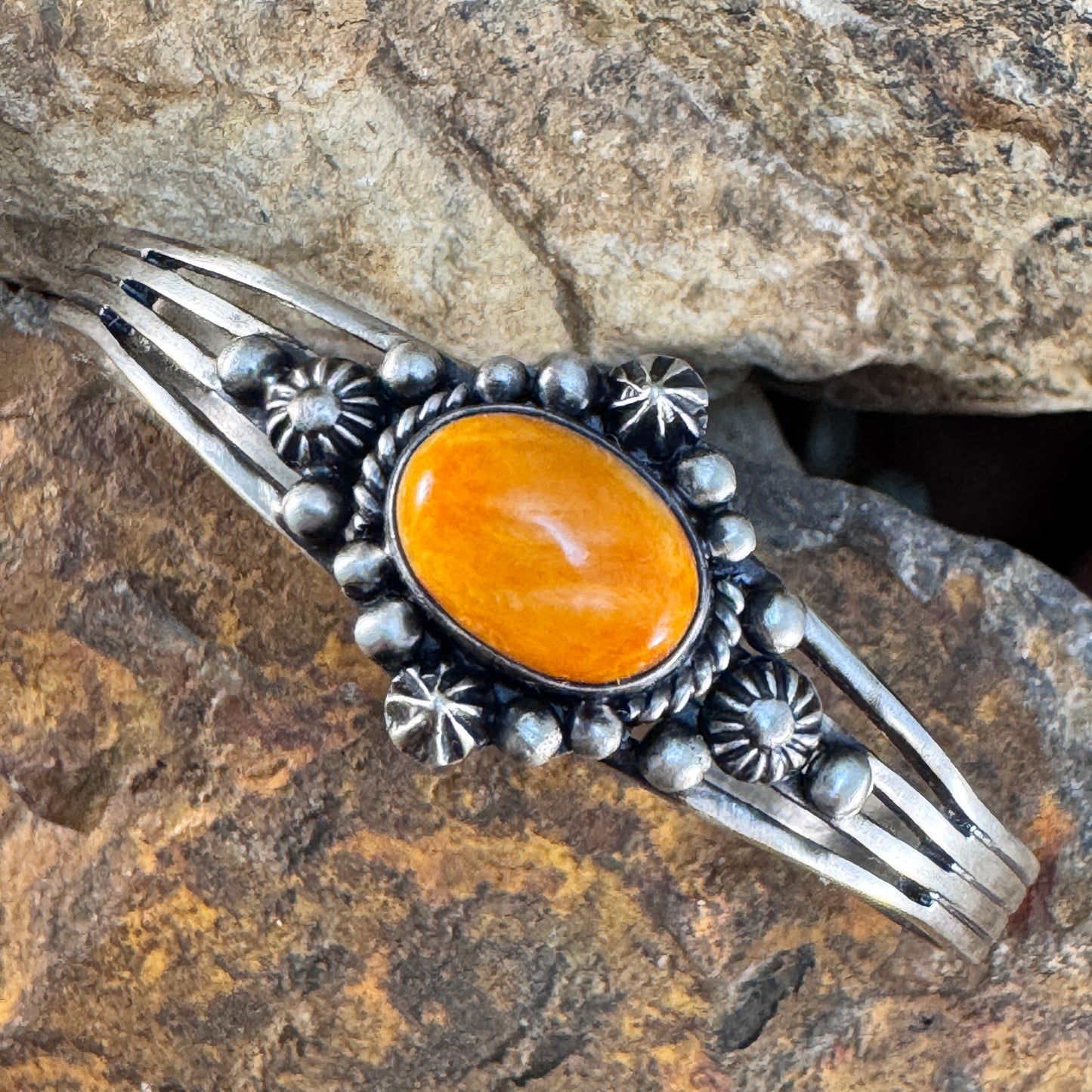 Orange Spiny Oyster Shell Sterling Silver Bracelet by Ray Coriz