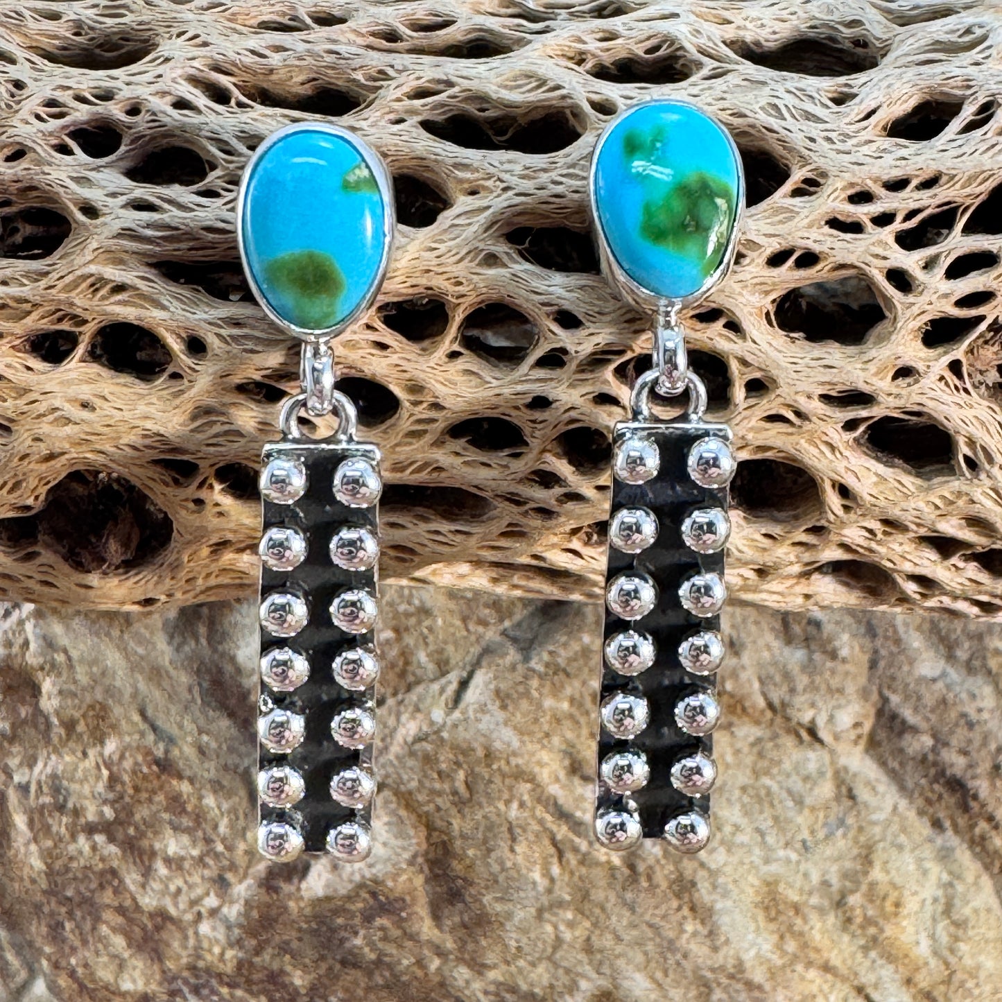 Million Drops Sonoran Gold Turquoise Sterling Silver Drop Earrings by Ray Coriz