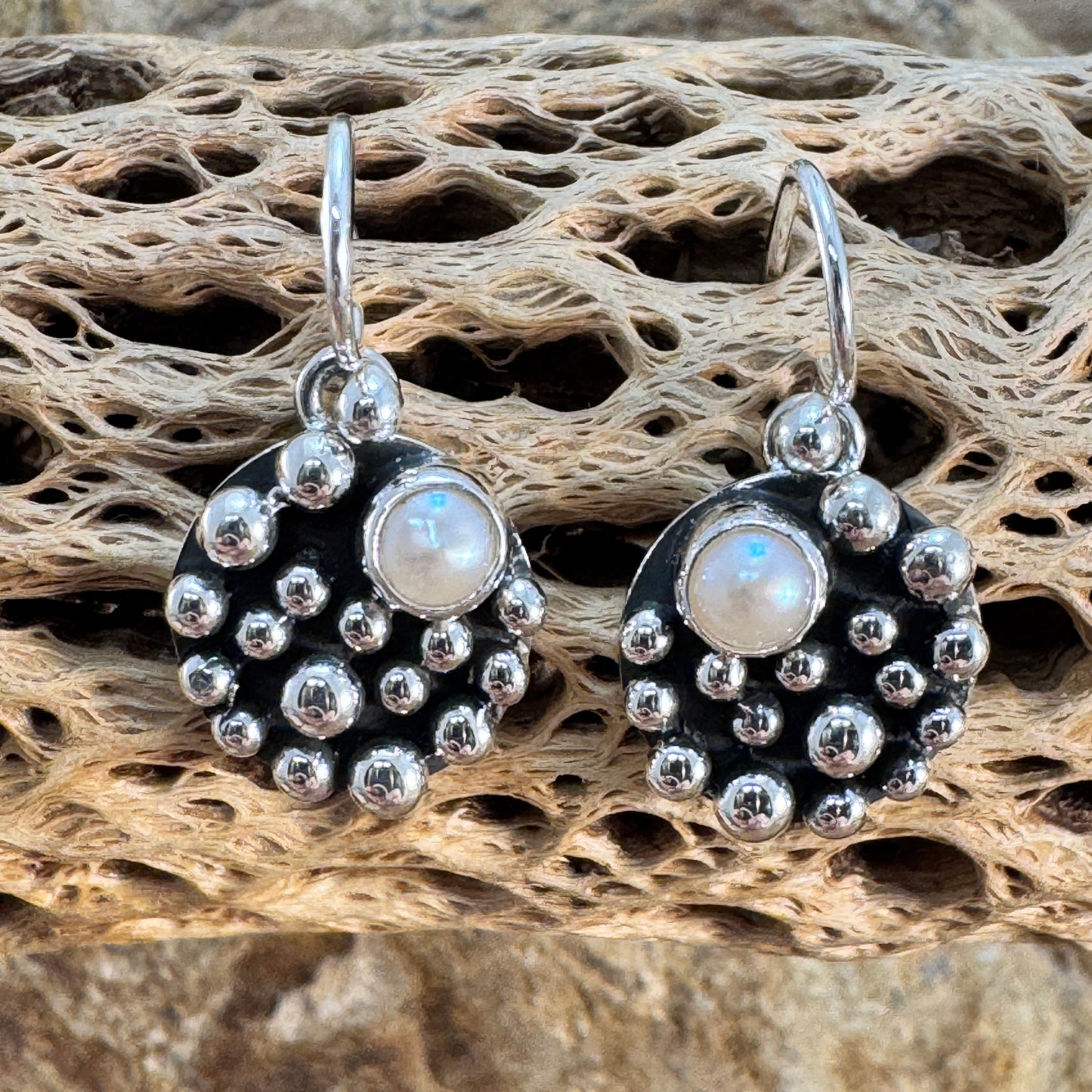 Million Drops Fresh Water Pearl Sterling Silver Round Dangle Earrings by Ray Coriz