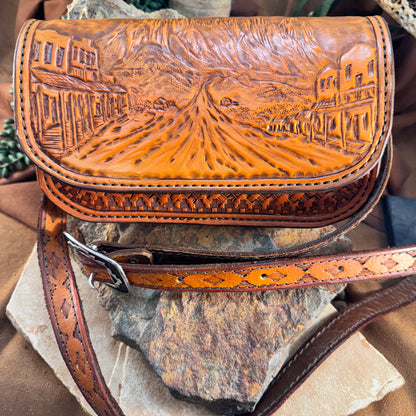 Hand Tooled 'Western Landscape' Leather Crossbody Purse by Stephen Vaughn Leatherworks