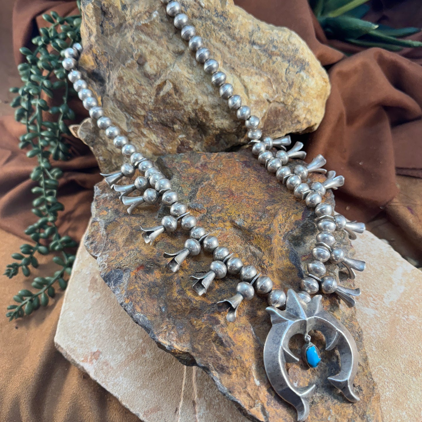 Vintage Navajo Sterling Silver Squash Blossom Necklace with Turquoise Naja (circa 1960s)