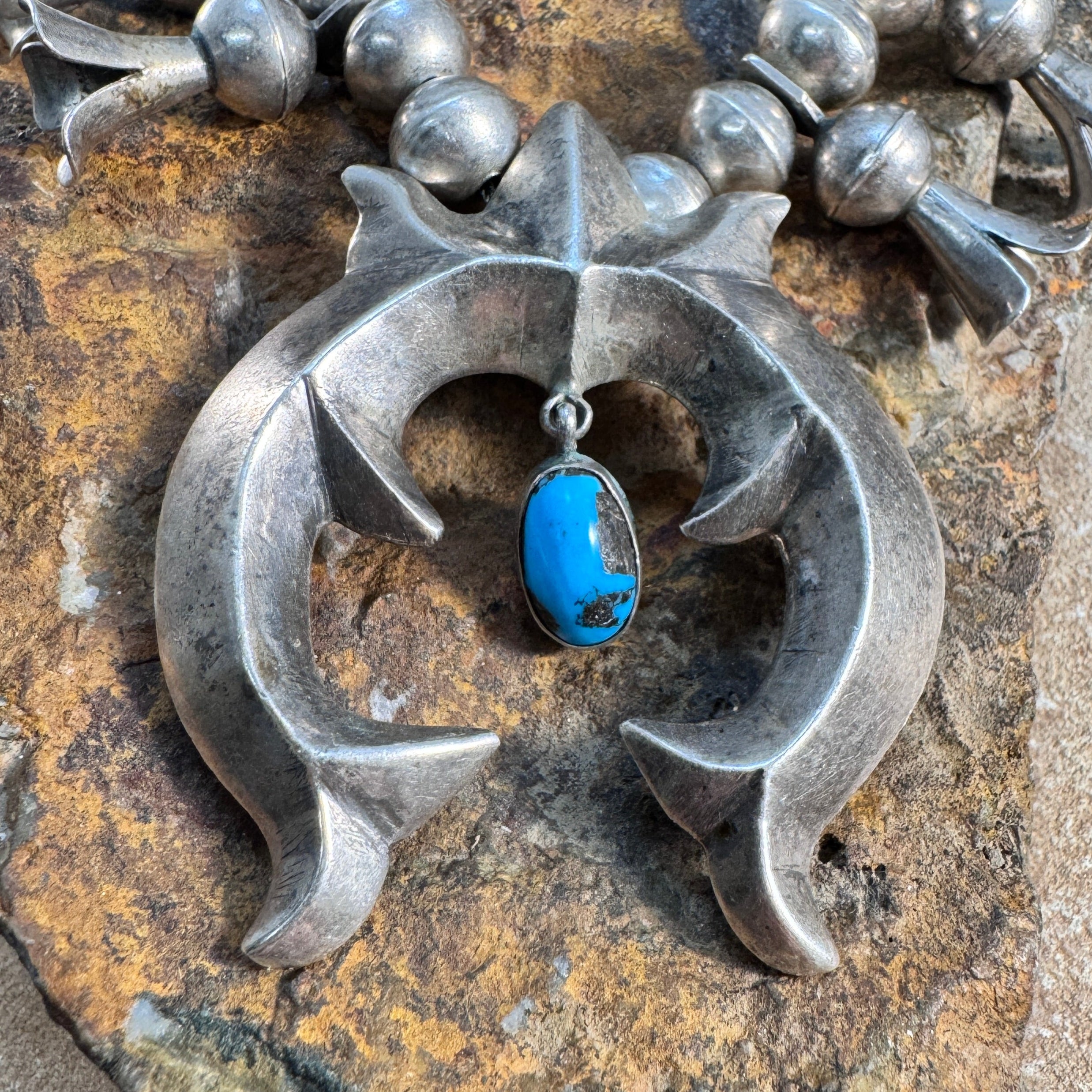 Vintage Navajo Sterling Silver Squash Blossom Necklace with