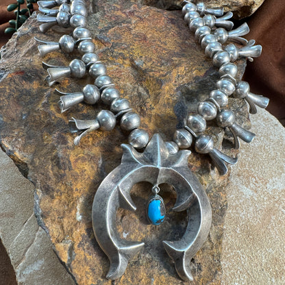 Vintage Navajo Sterling Silver Squash Blossom Necklace with Turquoise Naja (circa 1960s)