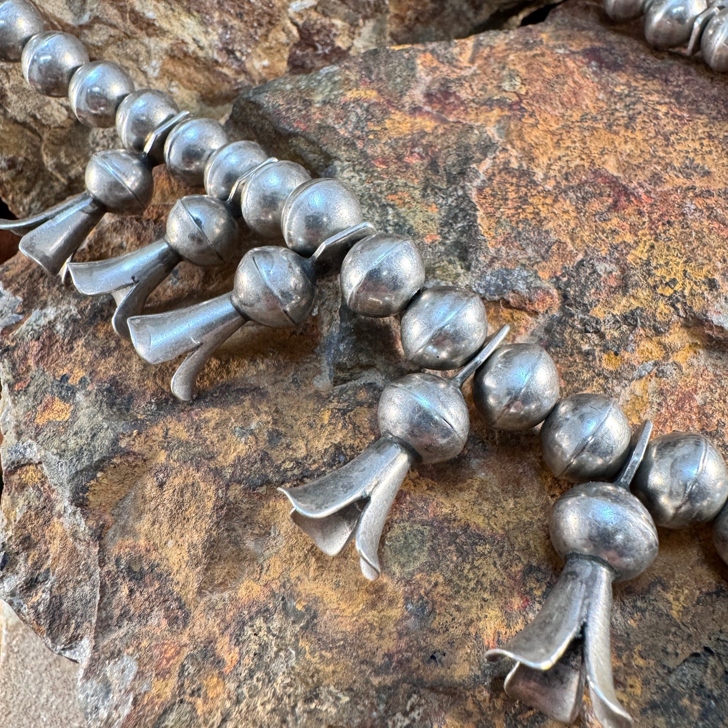 Vintage Navajo Sterling Silver Squash Blossom Necklace with Turquoise Naja (circa 1960s)