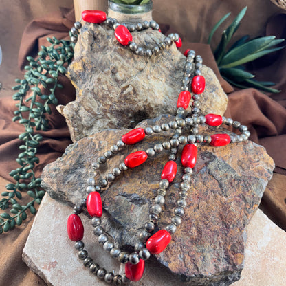 Vintage 1960s Bench-Made Beads with Red Ceramic Accents – 60" Necklace - Estate