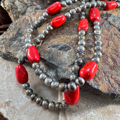 Vintage 1960s Bench-Made Beads with Red Ceramic Accents – 60" Necklace - Estate