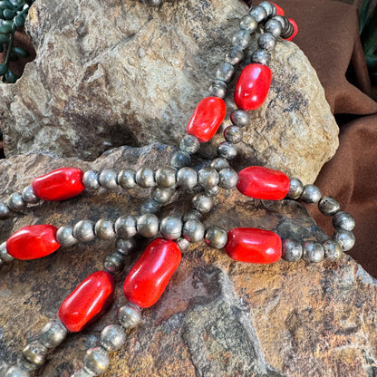 Vintage 1960s Bench-Made Beads with Red Ceramic Accents – 60" Necklace - Estate