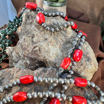 Vintage 1960s Bench-Made Beads with Red Ceramic Accents – 60" Necklace - Estate