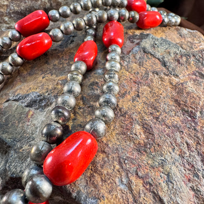 Vintage 1960s Bench-Made Beads with Red Ceramic Accents – 60" Necklace - Estate
