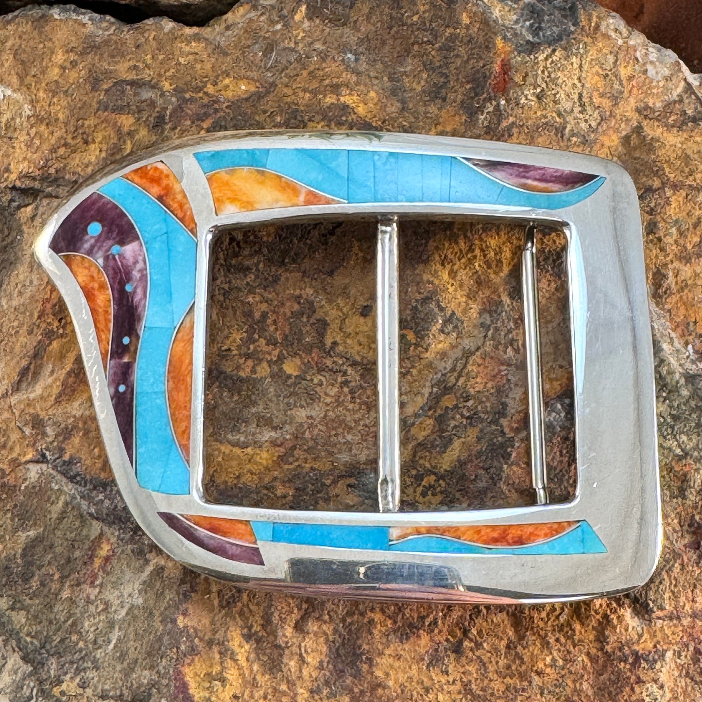 David Rosales Inlay Belt Buckle with Kingman Turquoise & Spiny Oyster - Estate