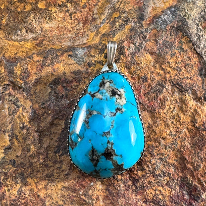 Vintage - Sterling Silver Turquoise Pendant – Teardrop Cabochon – Estate