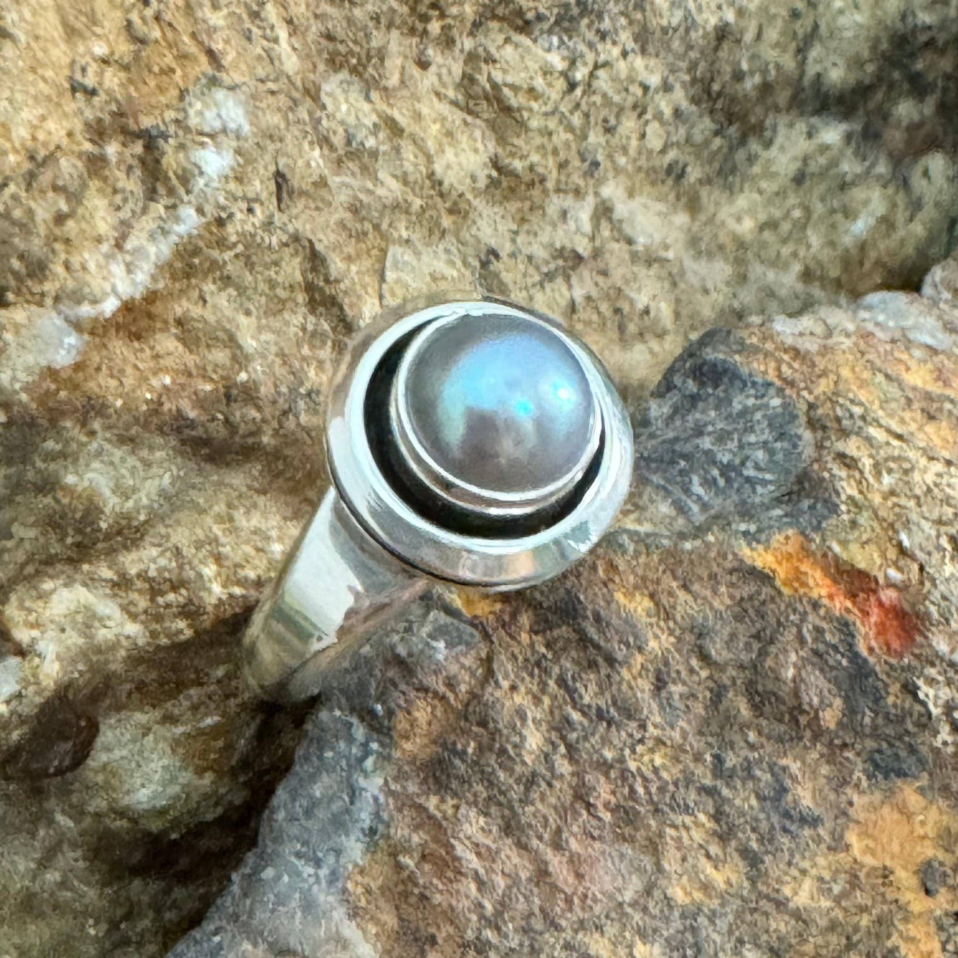 Grey Pearl & Sterling Silver Ring by Artie Yellowhorse Size 8