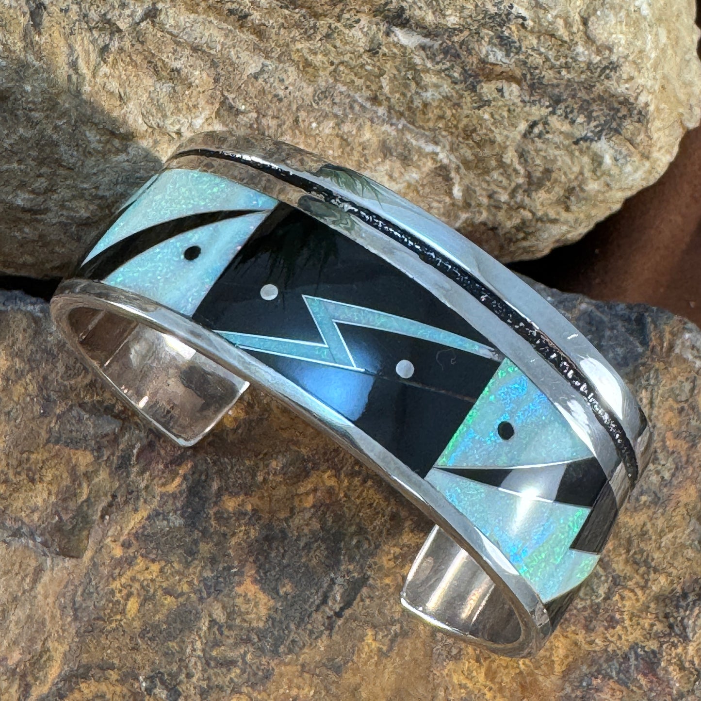 Lightning Inlay Cuff Bracelet by GL Miller – Black Jade & Lab Opal - Estate
