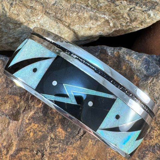 Lightning Inlay Cuff Bracelet by GL Miller – Black Jade & Lab Opal - Estate