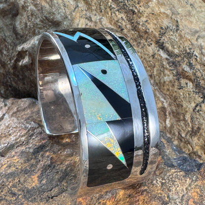Lightning Inlay Cuff Bracelet by GL Miller – Black Jade & Lab Opal - Estate